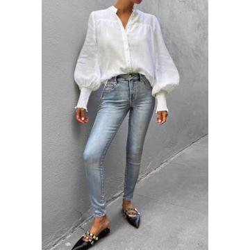 Lesore Womens Tops Solid Loose Fashion Button Down Crewneck Smocked Cuffs Puff Long Sleeve Shirts Blouses Tops White M