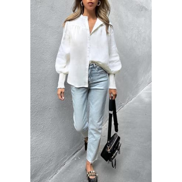 Lesore Womens Tops Solid Loose Fashion Button Down Crewneck Smocked Cuffs Puff Long Sleeve Shirts Blouses Tops White M