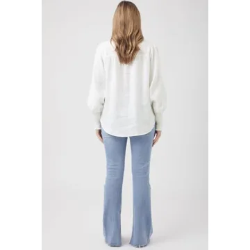 Lesore Womens Tops Solid Loose Fashion Button Down Crewneck Smocked Cuffs Puff Long Sleeve Shirts Blouses Tops White M