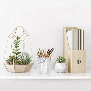 WAVEYU Pen Holder, Stand for Desk Pencil Cup for Girls Kids Durable Ceramic Desk Organizer Makeup Brush Holder for Office, Classroom, Home, White Marble