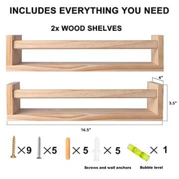 birola Nursery Shelves, Naturel Wood Floating Wall Bookshelf for Kids, Bathroom Decor, Kitchen Spice Rack (Burlywood), Set of 2
