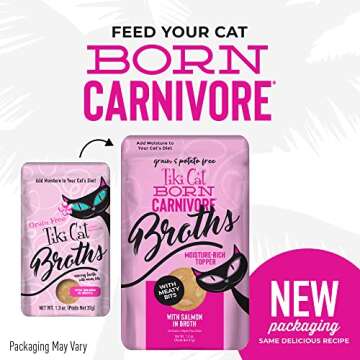 Tiki Cat Born Carnivore Broths, Salmon Recipe, Hydration and Flavor Supplement Cat Food Topper, 1.3 oz. Pouch (Pack of 12)