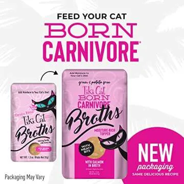 Tiki Cat Born Carnivore Broths, Salmon Recipe, Hydration and Flavor Supplement Cat Food Topper, 1.3 oz. Pouch (Pack of 12)