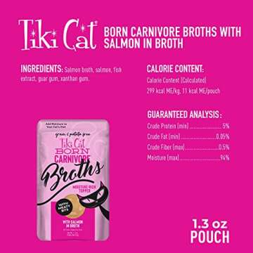 Tiki Cat Born Carnivore Broths, Salmon Recipe, Hydration and Flavor Supplement Cat Food Topper, 1.3 oz. Pouch (Pack of 12)