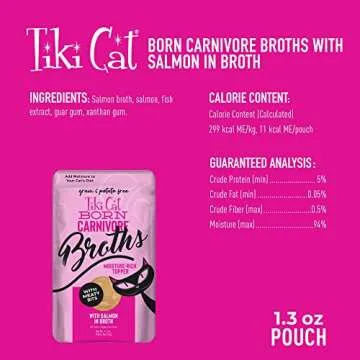 Tiki Cat Born Carnivore Broths, Salmon Recipe, Hydration and Flavor Supplement Cat Food Topper, 1.3 oz. Pouch (Pack of 12)