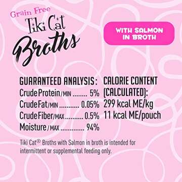 Tiki Cat Born Carnivore Broths, Salmon Recipe, Hydration and Flavor Supplement Cat Food Topper, 1.3 oz. Pouch (Pack of 12)