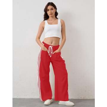 Burtell Casual Crayon Striped Pants for Women - Drawstring High Waist Lounge Pant in Red