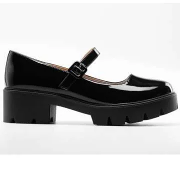 Women's Round Toe Ankle Strap Mary Janes Platform Low Heel Chunky Pumps Oxford Dress Shoes Black