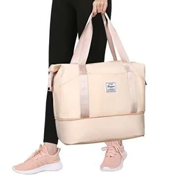 Large Travel Tote Bag, Waterproof Expandable Duffel Gym Tote Bag,Weekender Carry On Overnight Bags for Women with Trolley Sleeve Wet Pocket,travel duffel bags,Beige
