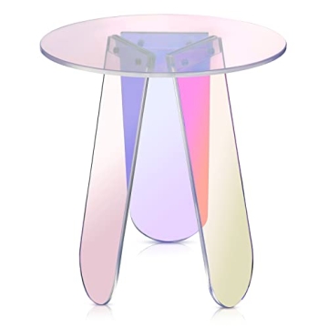Acrylic Round Clear Iridescent Side Table Rainbow Acrylic Coffee Table Rainbow Colors End Tables Modern Accent Night Stand Iridescent Table for Bistro Office (Iridescent Style, 17.8 x 17.8 x 4.3 Inch)