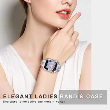 QVLANG Compatible for Apple Watch Band 44mm Series 6/5/4/SE, Diamond Rhinestone Case + Women Bling Band Stainless Steel Metal Bracelet for iWatch (Silver, 44mm)