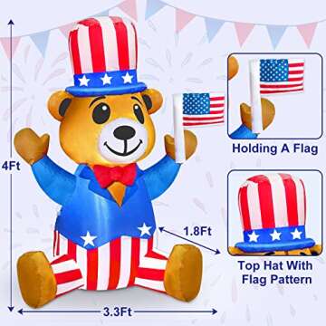 TURNMEON Patriotic Inflatable 4th of July Decorations Outdoor 4 Ft Uncle Sam Blow Up Bear Wear Hat B...