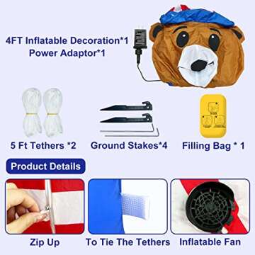 TURNMEON Patriotic Inflatable 4th of July Decorations Outdoor 4 Ft Uncle Sam Blow Up Bear Wear Hat Build-in LED Lights Yard Lawn Garden Fourth of July Decor Independence Day Memorial Day