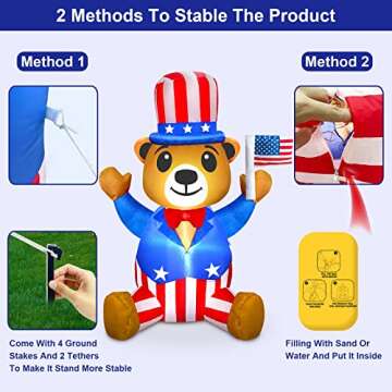 TURNMEON Patriotic Inflatable 4th of July Decorations Outdoor 4 Ft Uncle Sam Blow Up Bear Wear Hat Build-in LED Lights Yard Lawn Garden Fourth of July Decor Independence Day Memorial Day