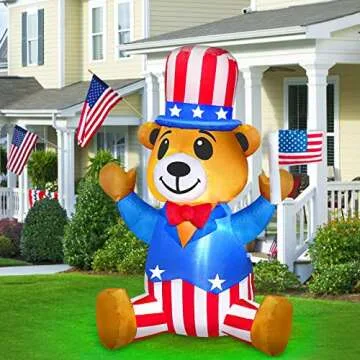 TURNMEON Patriotic Inflatable 4th of July Decorations Outdoor 4 Ft Uncle Sam Blow Up Bear Wear Hat Build-in LED Lights Yard Lawn Garden Fourth of July Decor Independence Day Memorial Day