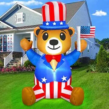 TURNMEON Patriotic Inflatable 4th of July Decorations Outdoor 4 Ft Uncle Sam Blow Up Bear Wear Hat Build-in LED Lights Yard Lawn Garden Fourth of July Decor Independence Day Memorial Day