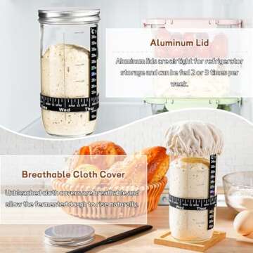 Sourdough Bread Baking Supplies,24 oz Sourdough Starter Jar Glass, Sourdough Starter Kit with Date Marked Feeding Band, Thermometer, Silicone Scraper, Sewn Cloth Cover & Aluminum Lid, Sourdough Jar