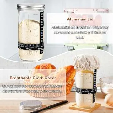 Sourdough Bread Baking Supplies,24 oz Sourdough Starter Jar Glass, Sourdough Starter Kit with Date Marked Feeding Band, Thermometer, Silicone Scraper, Sewn Cloth Cover & Aluminum Lid, Sourdough Jar