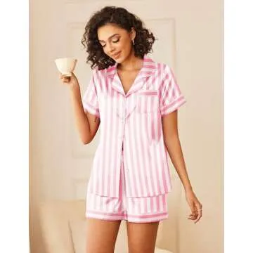 Ekouaer Womens Silk Satin Pajamas Sets 2 Piece Short Sleeve Sleepwear Button Down Top and Shorts Pjs Lounge Wear Sets,Pink Striped,L