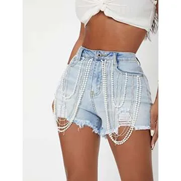 Verdusa Women's Rhinestone Pearl Beaded Frayed Raw Hem Denim Shorts