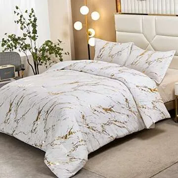 WONGS BEDDING White Gold Metallic Marble Comforter Set Queen Foil Print Glitter Bedding Sets with 2 ...