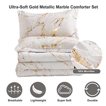 WONGS BEDDING White Gold Metallic Marble Comforter Set Queen Foil Print Glitter Bedding Sets with 2 Pillowcases for All Seasons, Soft Microfiber Filling Bedding Duvet Set 90"x90"