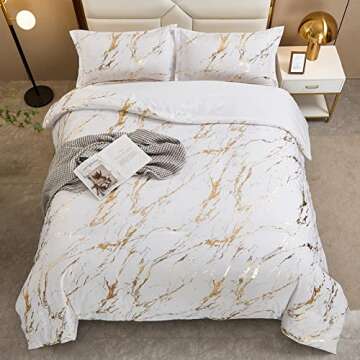 WONGS BEDDING White Gold Metallic Marble Comforter Set Queen Foil Print Glitter Bedding Sets with 2 Pillowcases for All Seasons, Soft Microfiber Filling Bedding Duvet Set 90"x90"