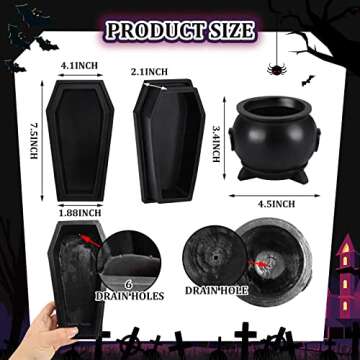 Suclain Halloween Planter Coffin Planter Witch Planter Cauldron Witchcraft Planter Gothic Home Decor with Drain Holes for Indoor and Outdoor Use, Comes with Skull Accessory