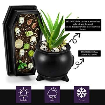 Suclain Halloween Planter Coffin Planter Witch Planter Cauldron Witchcraft Planter Gothic Home Decor with Drain Holes for Indoor and Outdoor Use, Comes with Skull Accessory