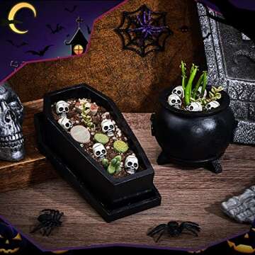 Suclain Halloween Planter Coffin Planter Witch Planter Cauldron Witchcraft Planter Gothic Home Decor with Drain Holes for Indoor and Outdoor Use, Comes with Skull Accessory