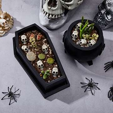 Suclain Halloween Planter Coffin Planter Witch Planter Cauldron Witchcraft Planter Gothic Home Decor with Drain Holes for Indoor and Outdoor Use, Comes with Skull Accessory