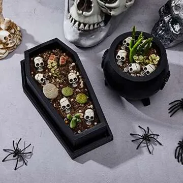 Suclain Halloween Planter Coffin Planter Witch Planter Cauldron Witchcraft Planter Gothic Home Decor with Drain Holes for Indoor and Outdoor Use, Comes with Skull Accessory