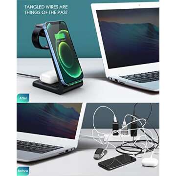 Wireless Charging Station, 3 in 1 Fast Desk Charging Station, Wireless Charger Stand for iPhone 15/14/13/12/11 Pro Max/X/Xs Max/8/8 Plus, AirPods 3/2/pro, iWatch Series 9/8/7/6/5/SE/4/3/2 Black