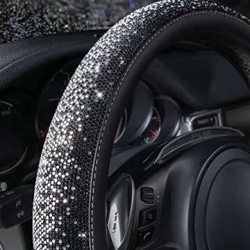 CAR PASS Bling Diamond Leather Steering Wheel Cover, Bling Sparkly Crystal Glitter Rhinestones Universal Fit 14" 1/2-15" Car Wheel Protector for Women Girl Fit Suvs,Vans,Sedans,Trucks, Black Silver