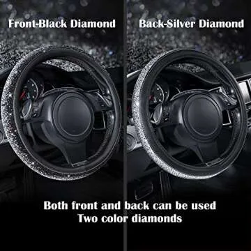 CAR PASS Bling Diamond Leather Steering Wheel Cover, Bling Sparkly Crystal Glitter Rhinestones Universal Fit 14" 1/2-15" Car Wheel Protector for Women Girl Fit Suvs,Vans,Sedans,Trucks, Black Silver