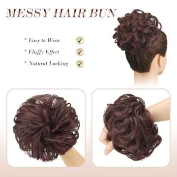 FESHFEN Messy Bun Hair Piece - Elastic Wavy Curly Hair Bun Scrunchies Extensions Synthetic Chignon Hairpieces for Women Girls, Dark Auburn 1 PCS