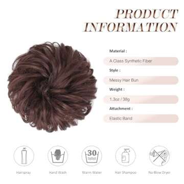 FESHFEN Messy Bun Hair Piece - Elastic Wavy Curly Hair Bun Scrunchies Extensions Synthetic Chignon Hairpieces for Women Girls, Dark Auburn 1 PCS