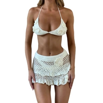 Wuitrie Women 2 Piece Outfits Tie Knit Sexy Hollow Mini Skirts Bikini Beachwear Swimwear Slim Fit 2 ...