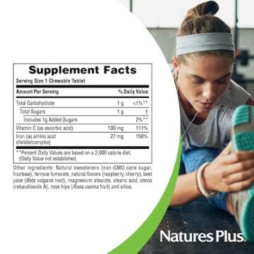 NaturesPlus Chewable Iron - 27 mg , 90 Chewable Tablets - High Potency Supplement with Vitamin C & Herbs , Promotes Healthy Blood , Natural Energy - Vegetarian , Gluten-Free - 90 Servings
