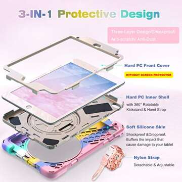 BRAECN iPad Mini Case 5th Generation, iPad Mini 5 Case for Kids, Heavy Duty Protective Rugged Case Cover with Hand Strap, Shoulder Strap, Kickstand, Pencil Holder for iPad Mini 5/4 -Light Rainbow