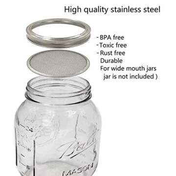 THINKCHANCES Food Safe,BPA Free Rust Resistant Stainless Steel Sprouting Screen Lids and Bands for Wide Mouth Mason Ball Canning Jars for Growing Organic Sprout Seeds at Your Home (Wide Mouth, 3 Pack)