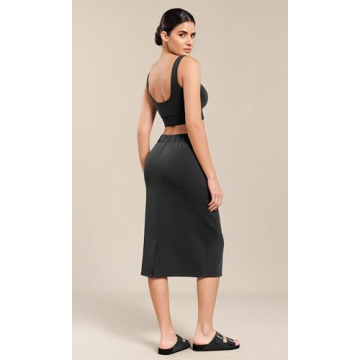 ODODOS Women's Modal Soft Midi Skirt with Pockets High Waist Back Slit Casual Pencil Skirts, Black, Medium