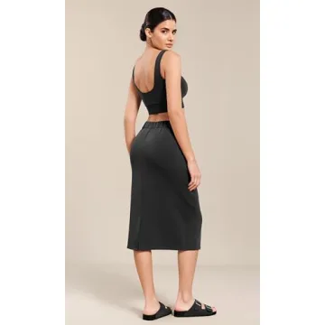 ODODOS Women's Modal Soft Midi Skirt with Pockets High Waist Back Slit Casual Pencil Skirts, Black, Medium