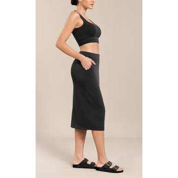 ODODOS Women's Modal Soft Midi Skirt with Pockets High Waist Back Slit Casual Pencil Skirts, Black, Medium