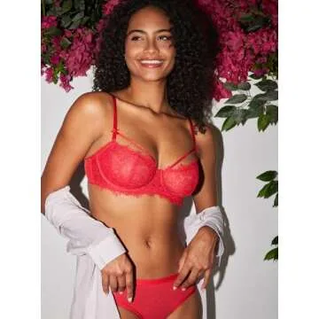 DOBREVA Women's Balconette Sexy Unlined Bra Lace Push Up Plus Size Bras See Through Underwire Strappy_Lipstick Red 38DD