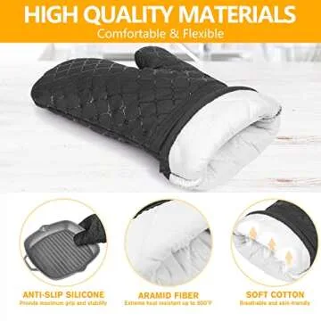 6 Pcs Oven Mitts and Pot Holders, 500℉ Heat Resistant Oven Mitts with Kitchen Towels Soft Cotton Lining and Non-Slip Silicone Surface Safe for Baking, Cooking, BBQ (Black)