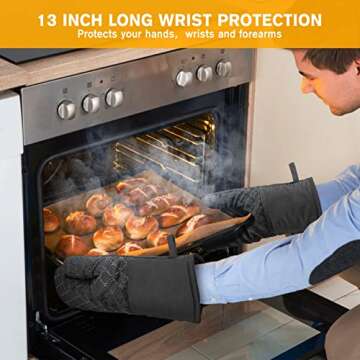 6 Pcs Oven Mitts and Pot Holders, 500℉ Heat Resistant Oven Mitts with Kitchen Towels Soft Cotton Lining and Non-Slip Silicone Surface Safe for Baking, Cooking, BBQ (Black)