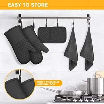 6 Pcs Oven Mitts and Pot Holders, 500℉ Heat Resistant Oven Mitts with Kitchen Towels Soft Cotton Lining and Non-Slip Silicone Surface Safe for Baking, Cooking, BBQ (Black)