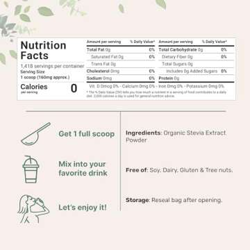 Pure Organic Stevia Powder, 8 Ounces, 1418 Serving, High Grade Stevia Green Leaf Extract Reb-A, Reduced Bitter Aftertaste, 0 Calorie, Natural Sweetener, Sugar Alternative, Keto Friendly