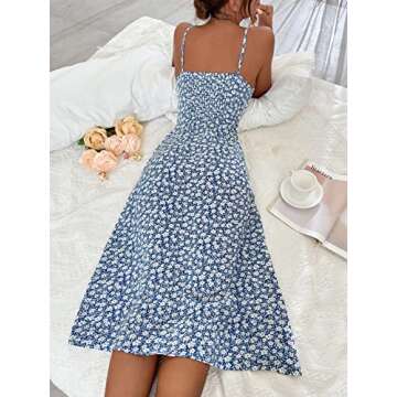 MakeMeChic Women's Floral Print Spaghetti Strap Tie Front Split Cami Summer Midi Dress - Blue and Wh...